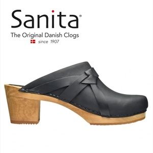 Sanita Manuella Open Back Heeled Black Leather Clog